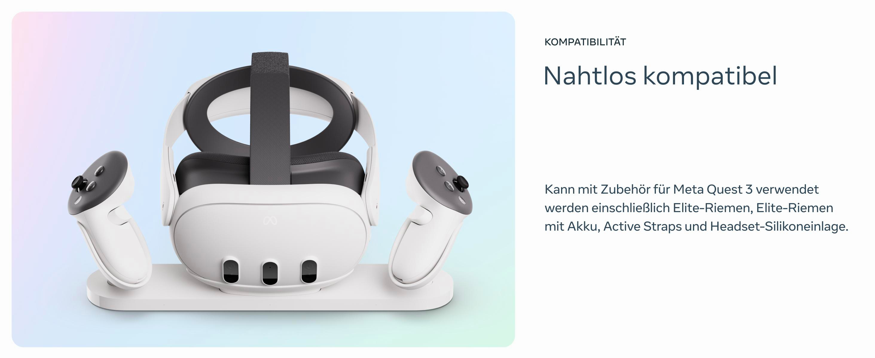Weißes VR-Headset und Controller auf einem Ständer. Text rechts. Hintergrund verblasst.