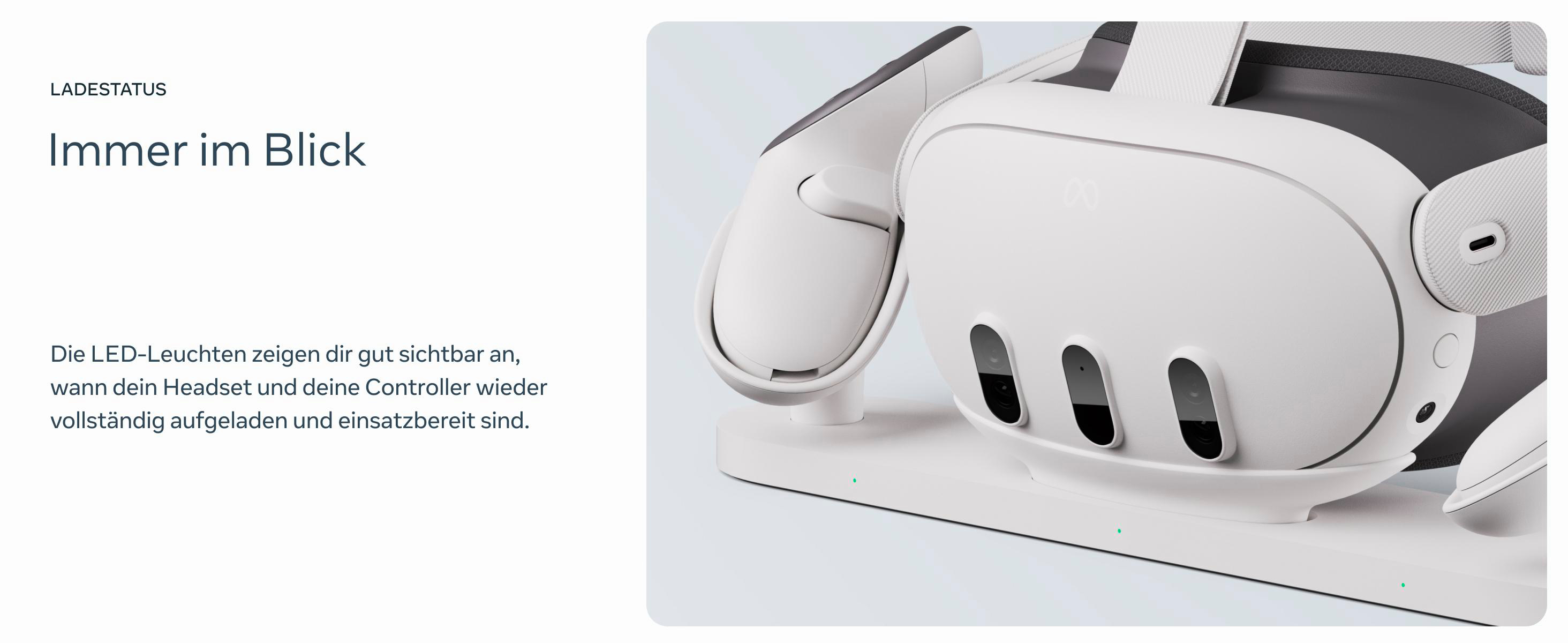Ein VR-Headset und Controller auf einer Ladestation, mit Text auf Deutsch.