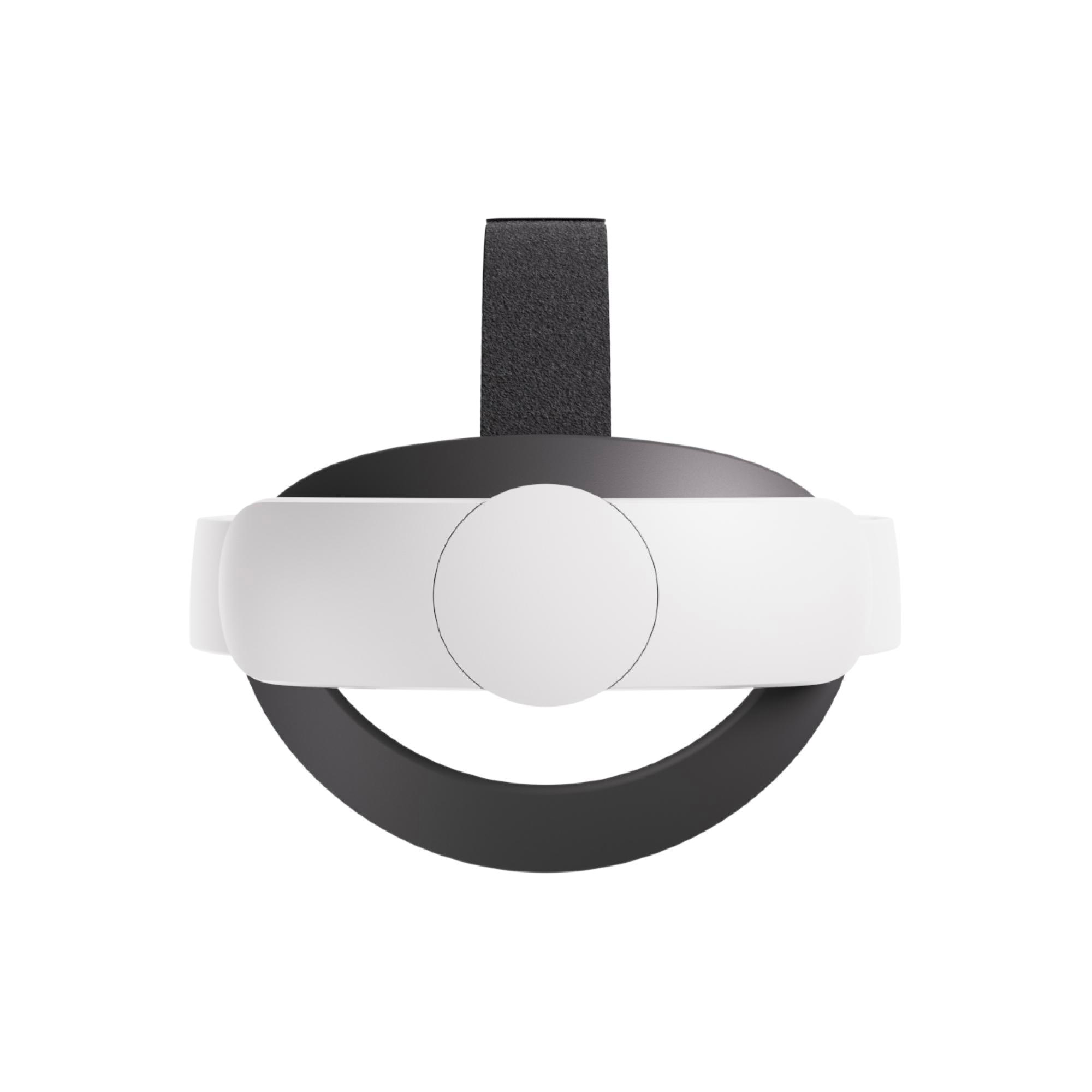 Draufsicht auf ein VR-Headset. Es hat eine weiße Vorderseite und einen schwarzen Riemen.