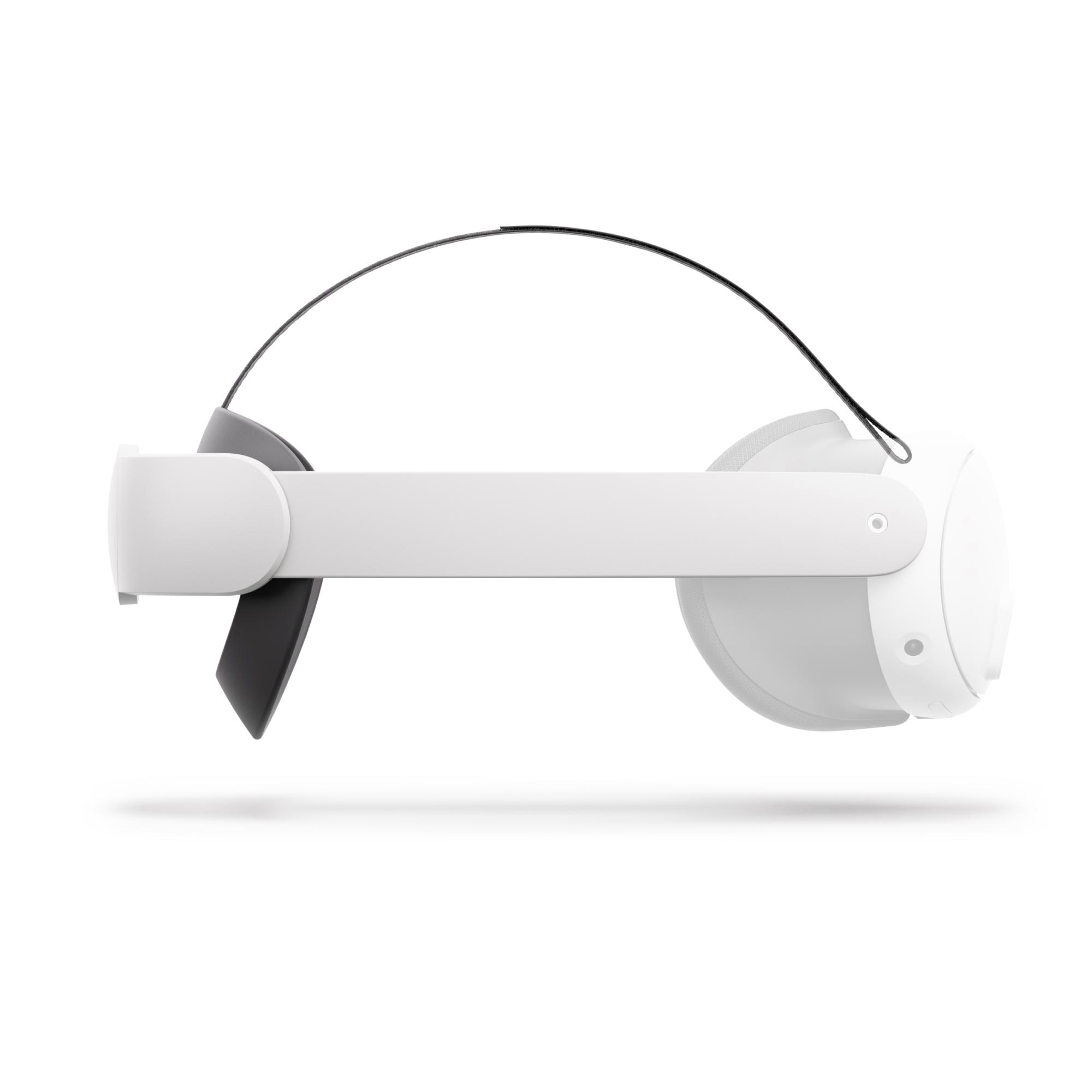 Weiße VR-Brille, Seitenansicht. Schwarzes Band und graue Details.