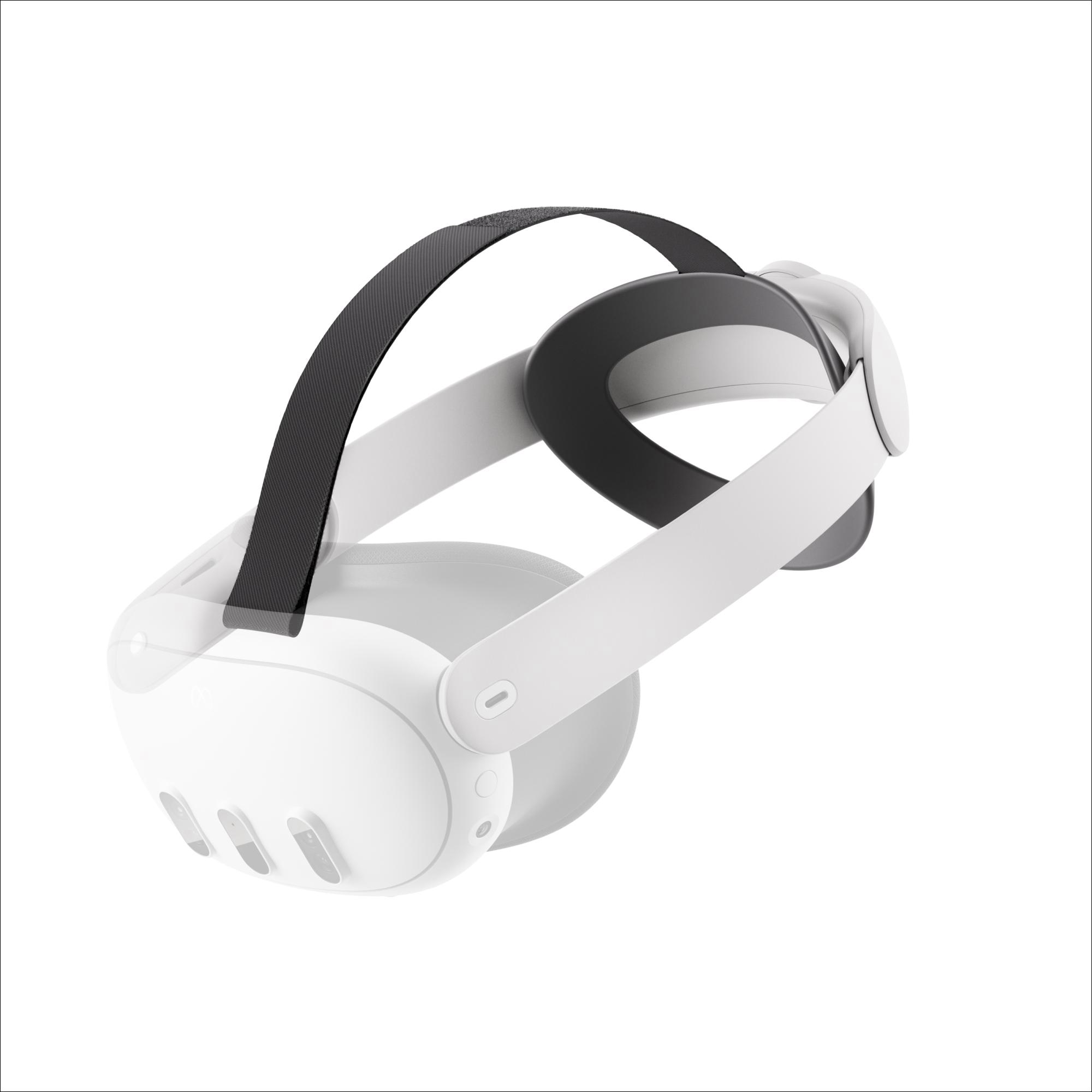 Weißes VR-Headset mit schwarzem Riemen, aus einem Winkel betrachtet. Das Design ist minimalistisch.
