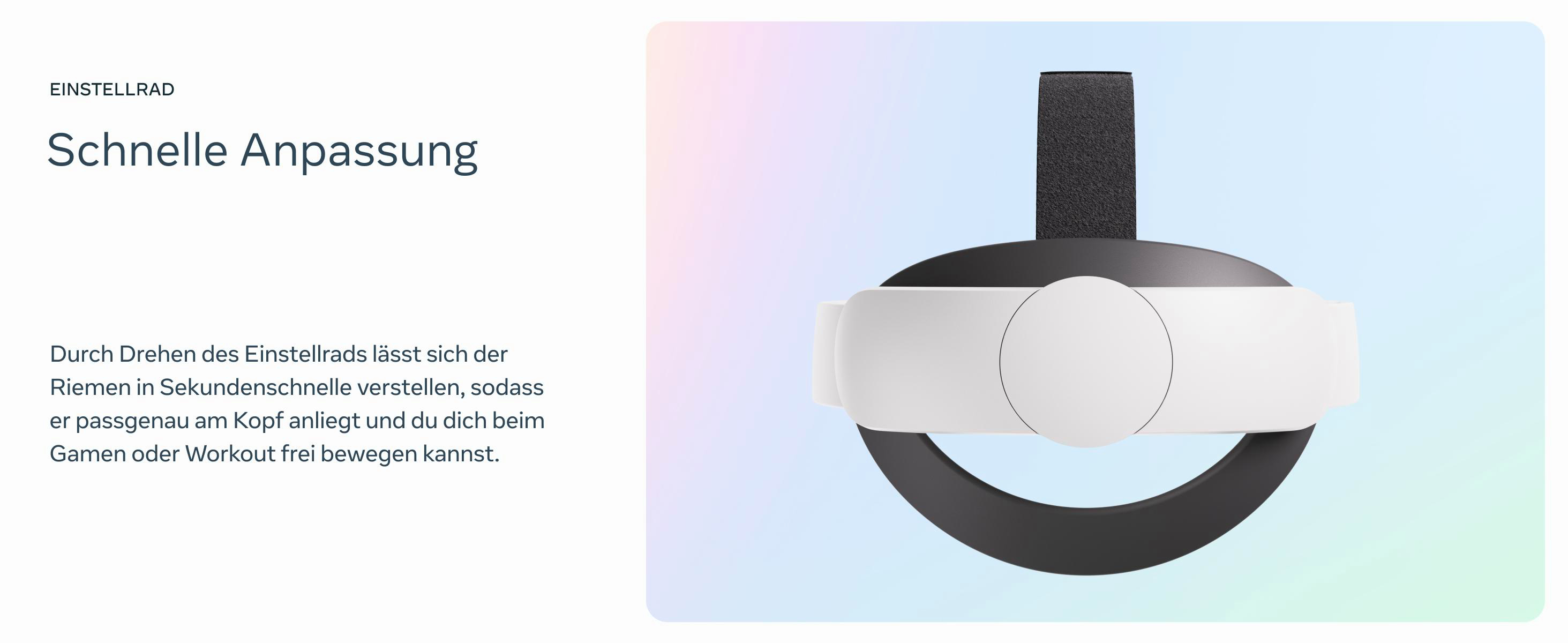 Ein weißes VR-Headset auf weißem Hintergrund. Es hat einen schwarzen Riemen. Text beschreibt die schnelle Anpassung.