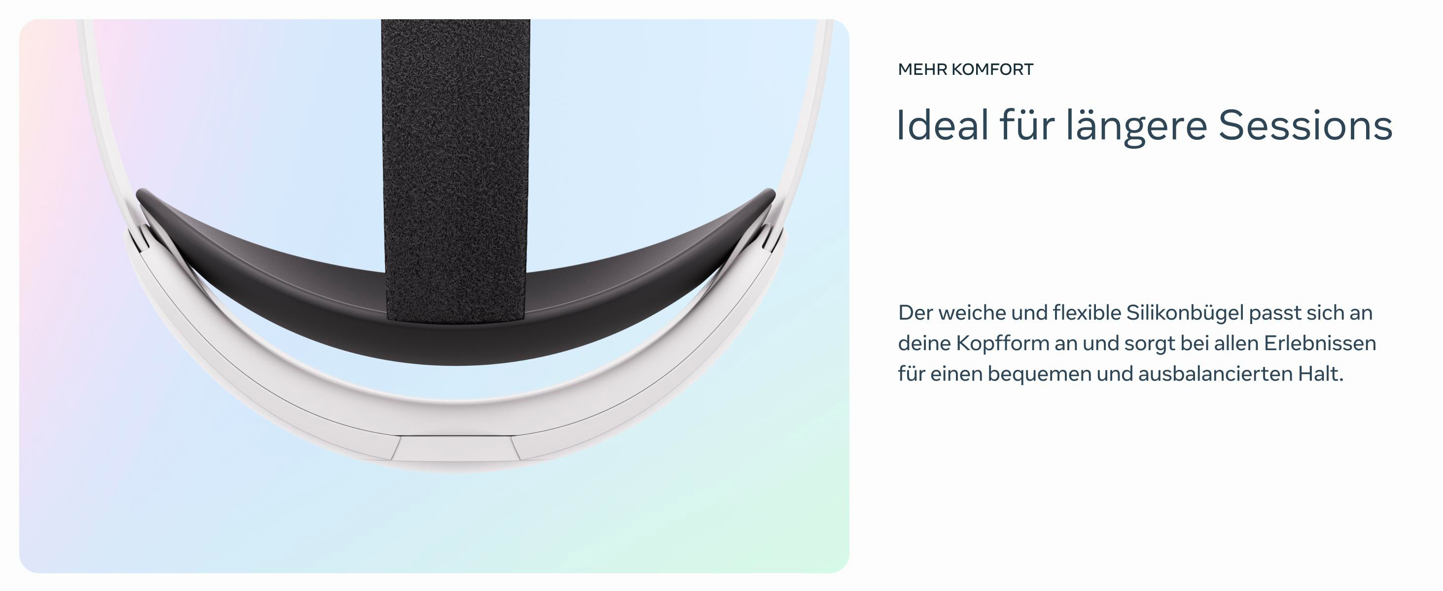 VR-Headset mit weißem Rahmen und schwarzem Kopfband auf hellblauem Farbverlauf.