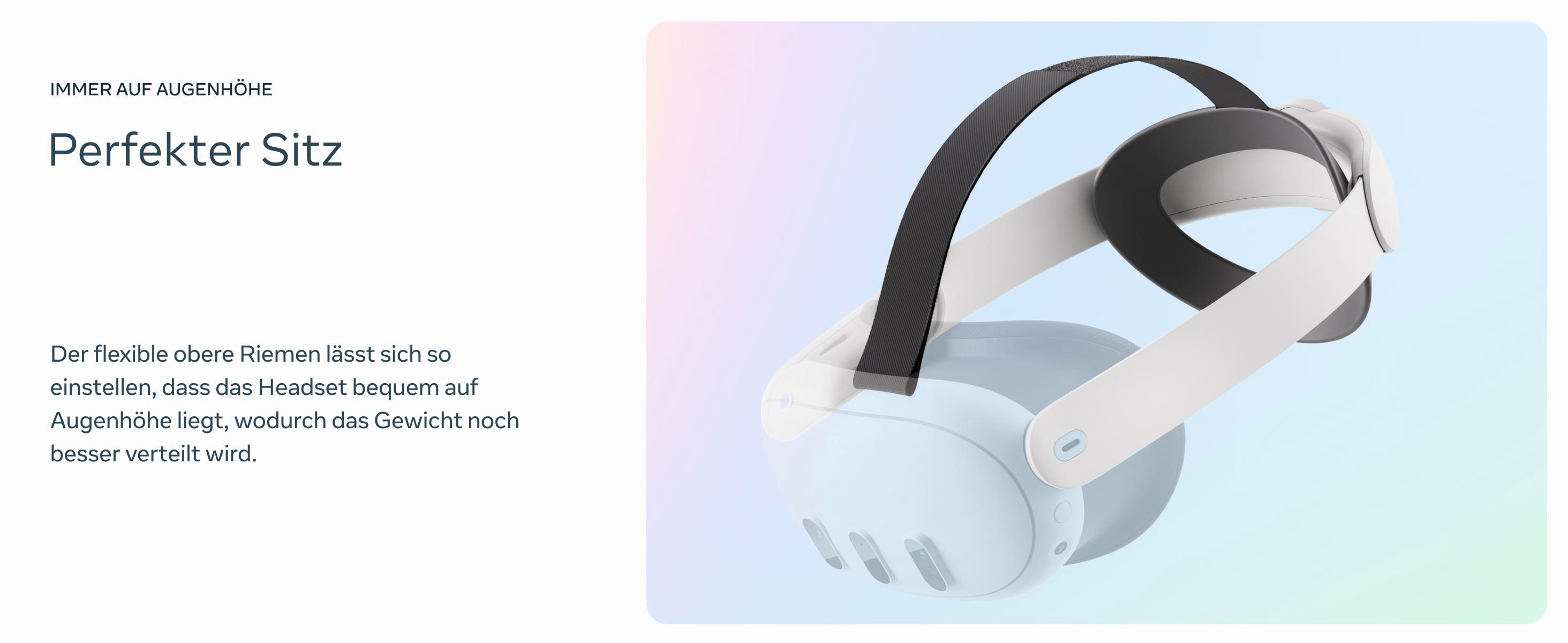VR-Headset mit schwarzem Riemen und weißem Rahmen. Text sagt 'Perfekter Sitz'.