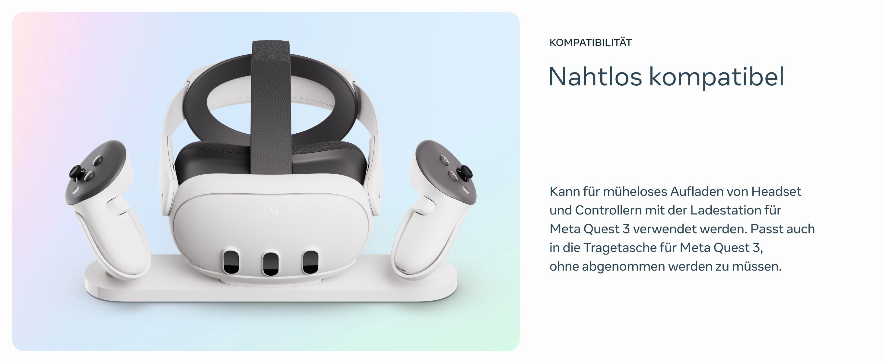 Weißes VR-Headset und Controller auf Ladestation mit Text über Kompatibilität.