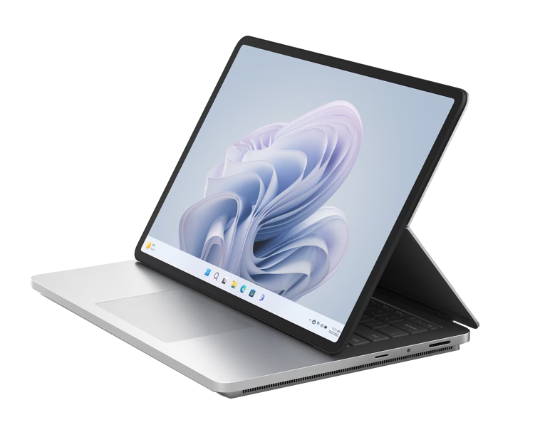 Portátil plateado con la pantalla abierta. La pantalla muestra un diseño abstracto azul y morado.