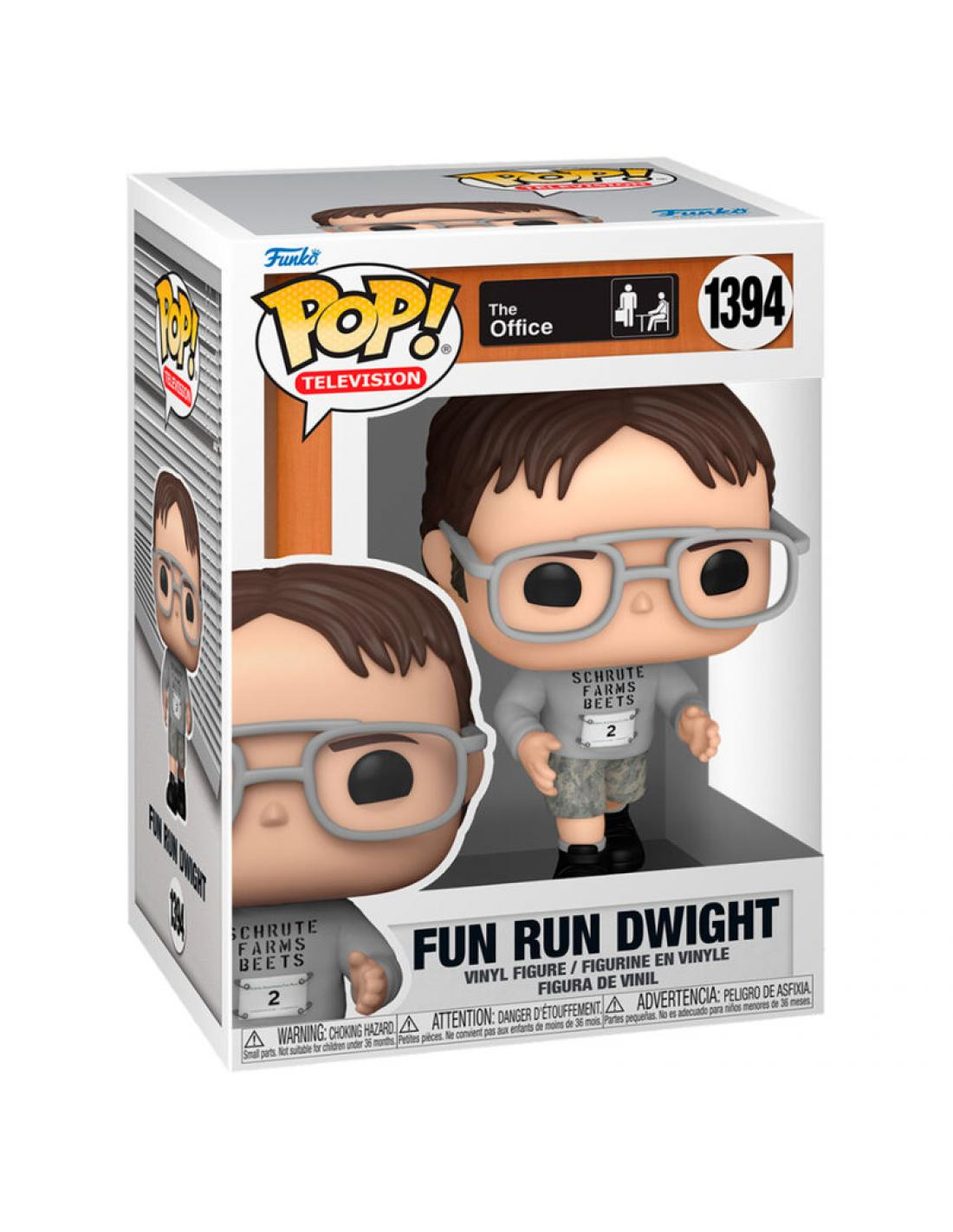 Figura Funko Pop! de Dwight Schrute con atuendo de Fun Run, en caja.