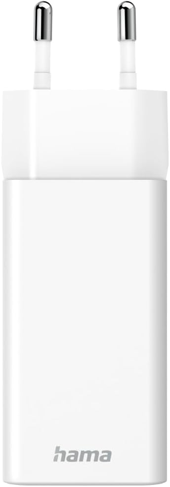 Cargador de pared Hama blanco con dos clavijas. Fondo blanco.