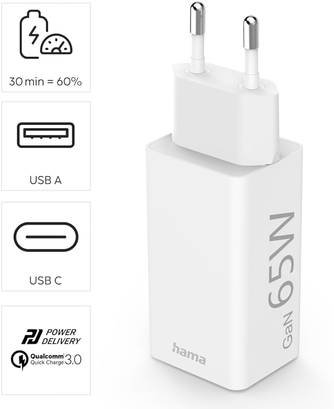 Cargador Hama 65W blanco. Incluye puertos USB-A y USB-C, Power Delivery y Quick Charge 3.0.