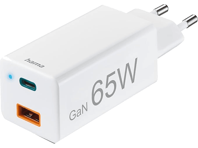 Cargador móvil - Hama GSM Mini, 65W, 220V, Carga rápida, USB-A y USB-C, 2 dispositivos a la vez, Blanco