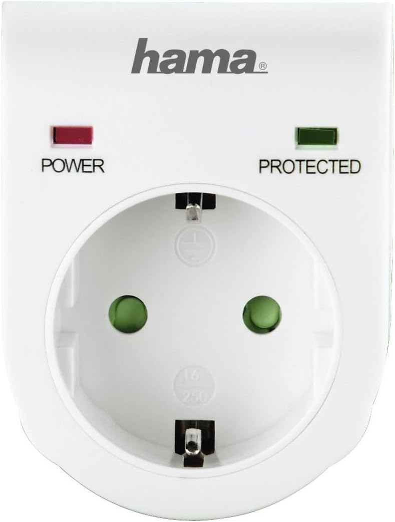Adaptador enchufe - Hama, Protección sobretensiones, 3680W, 16A, LED, Blanco
