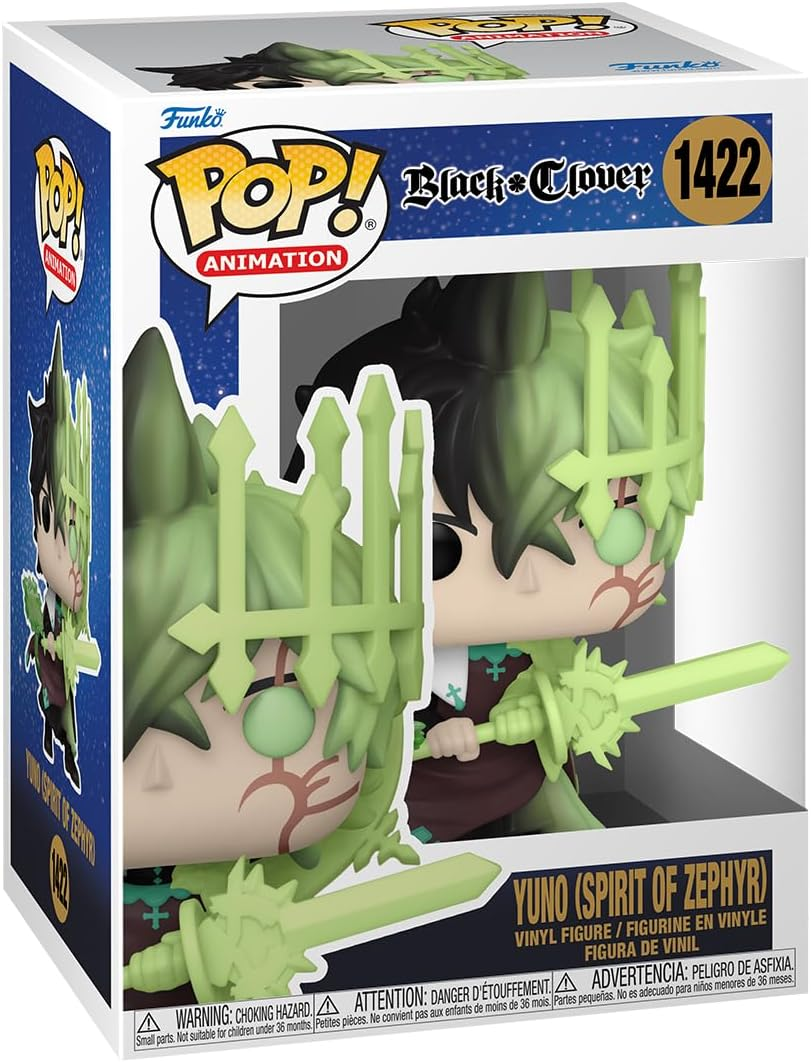 Figura Funko Pop de Yuno de Black Clover, en caja, con pelo verde y espada verde.