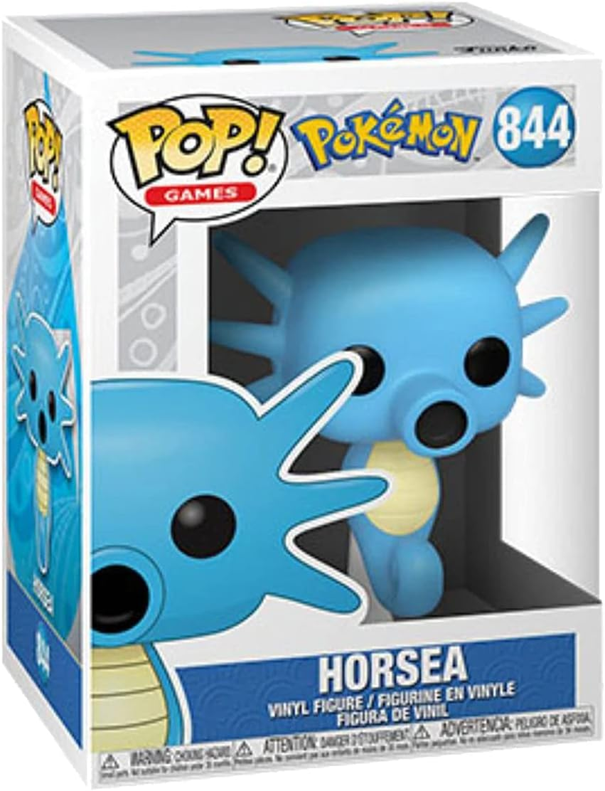 Figura de Horsea Funko Pop dentro de una caja. La figura es azul y tiene un diseño de dibujos animados.