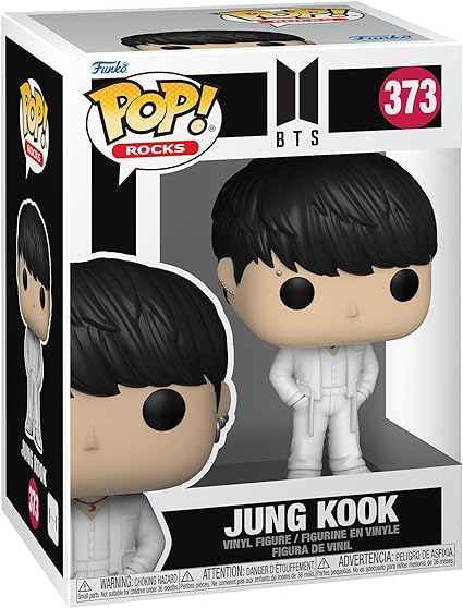 Una figura Funko Pop! Rocks de Jung Kook, miembro de BTS, con un atuendo blanco, en una caja.