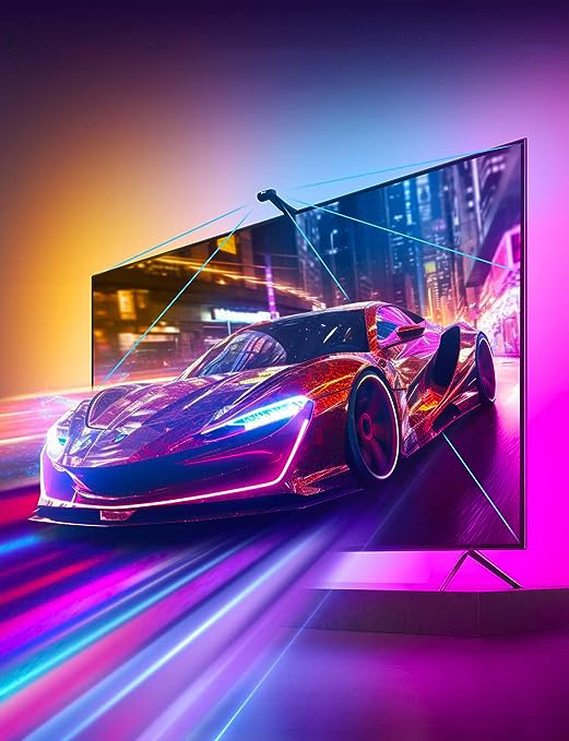 Neon ışıklar ve şehir arka planı ile bir TV ekranında araba gösteriliyor.