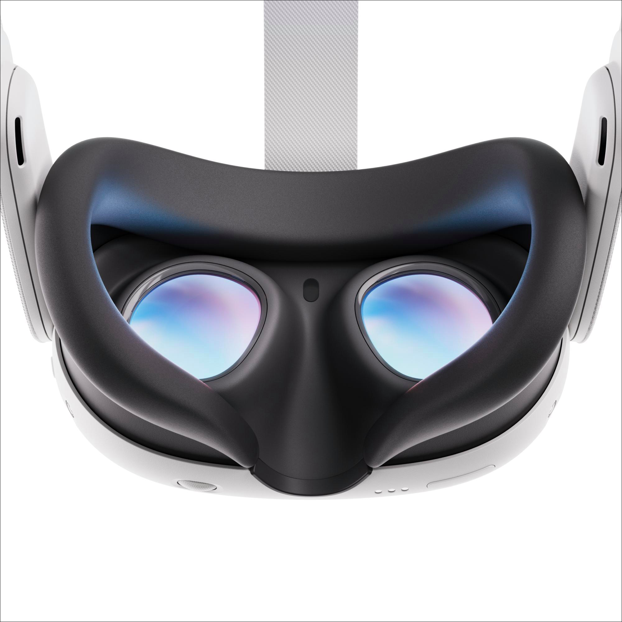 VR-Headset, Nahaufnahme. Weiß und schwarz mit sichtbaren Linsen. Weißer Riemen.