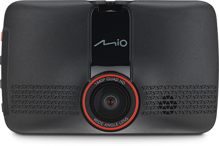 Fekete Mio dashcam, elölnézet. Piros gyűrű a lencse körül. Nagylátószögű objektív. 1440P Quad HD.