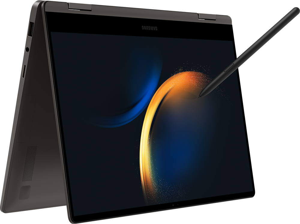 Een zwarte Samsung laptop in tentpositie, met een stylus in de lucht.
