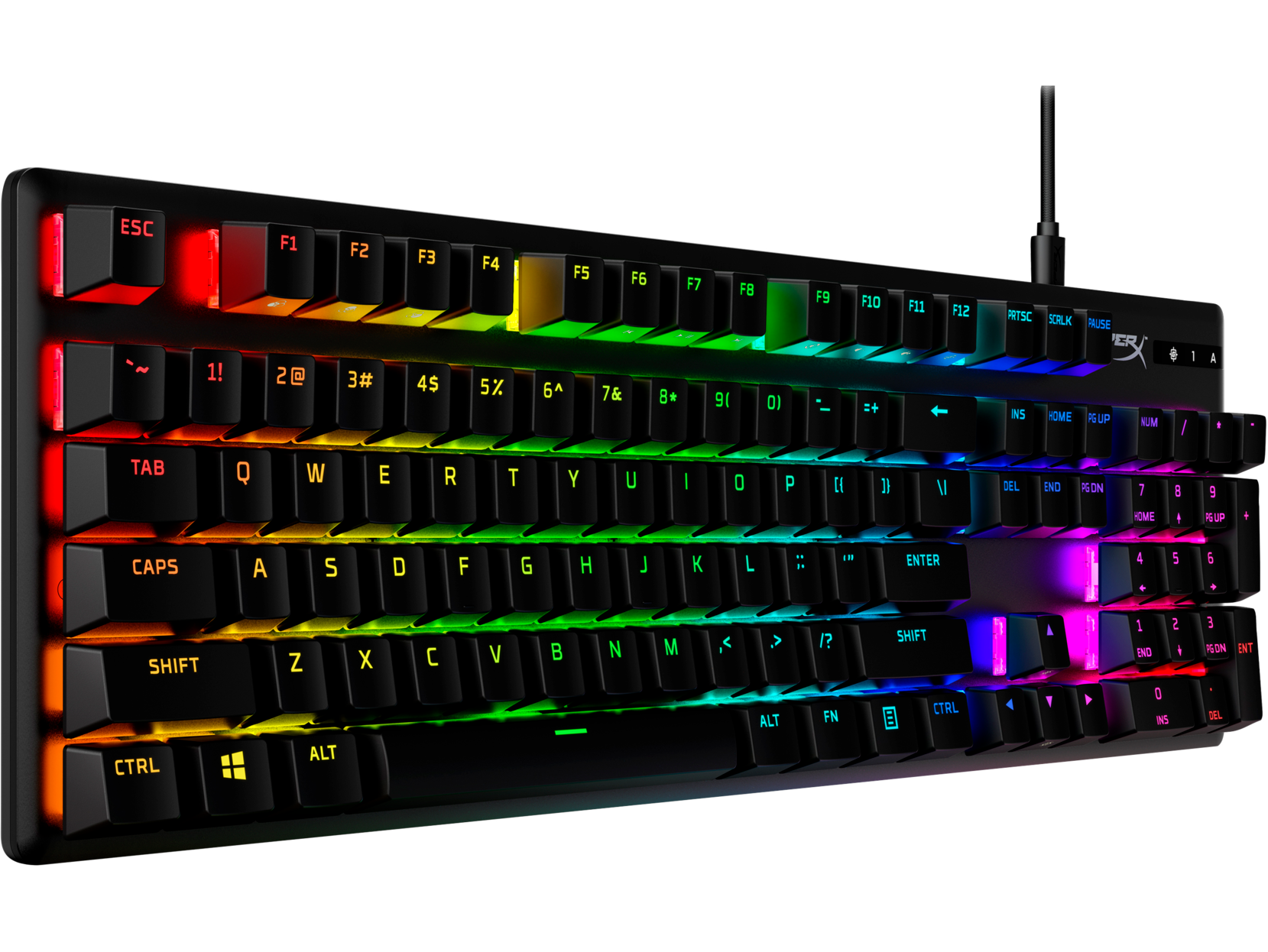 Teclado para juegos negro, con teclas de color arcoíris, y fondo blanco.