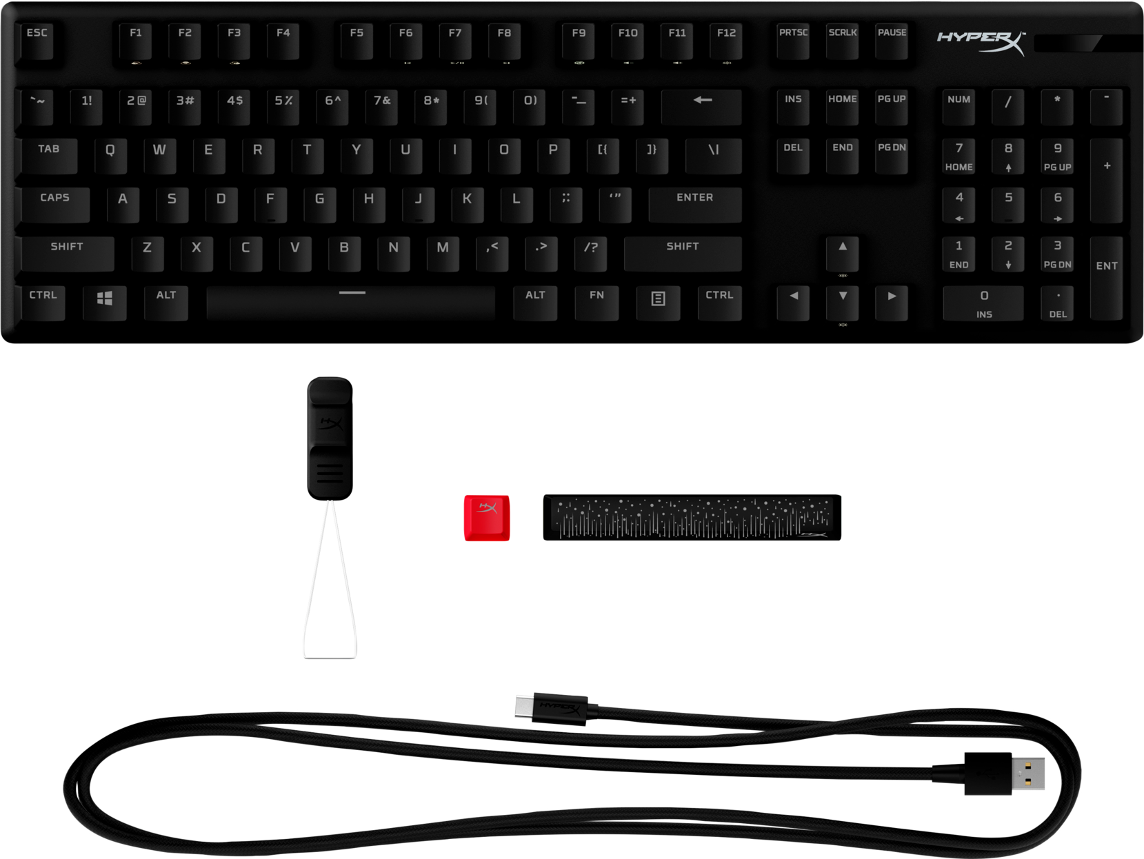 Teclado HyperX negro con teclas y cable. Los accesorios incluyen un extractor de teclas.