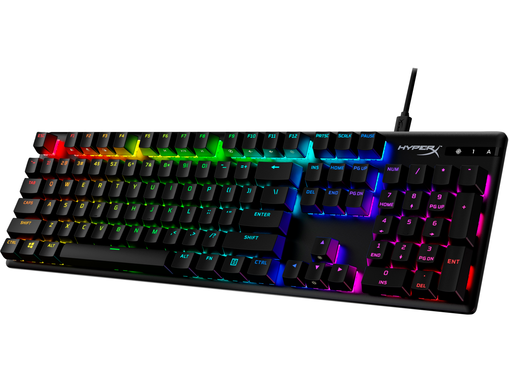 Teclado negro con luces RGB y muchas teclas coloridas.