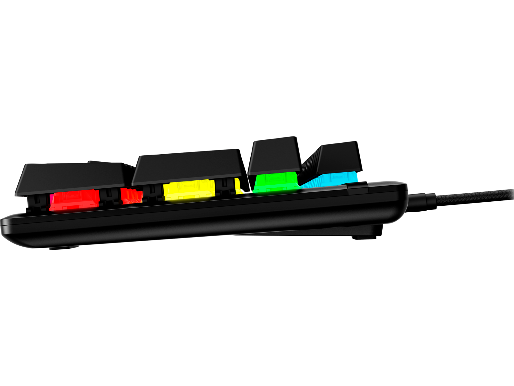 Vista lateral de un teclado negro con teclas de colores, rojo, amarillo, verde y azul.