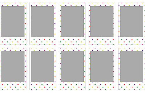 Dziesięć zdjęć w stylu polaroid z kolorowymi kropkowanymi obramowaniami i szarymi środkami.