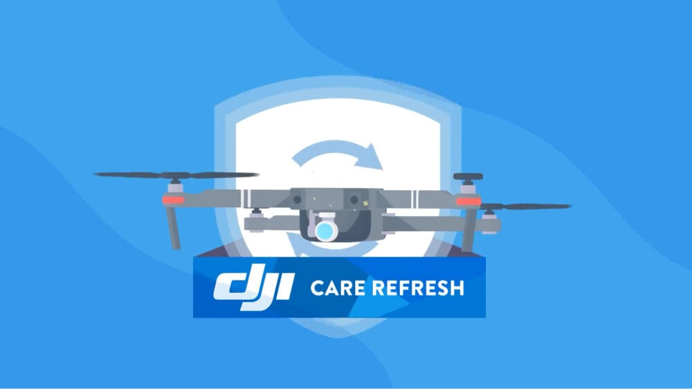 Logo DJI Care Refresh z ilustracją drona na niebieskim tle.