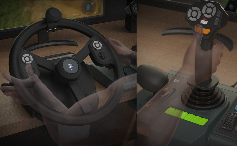 Mains tenant un volant et un joystick. Vue intérieure, possiblement simulateur de véhicule.