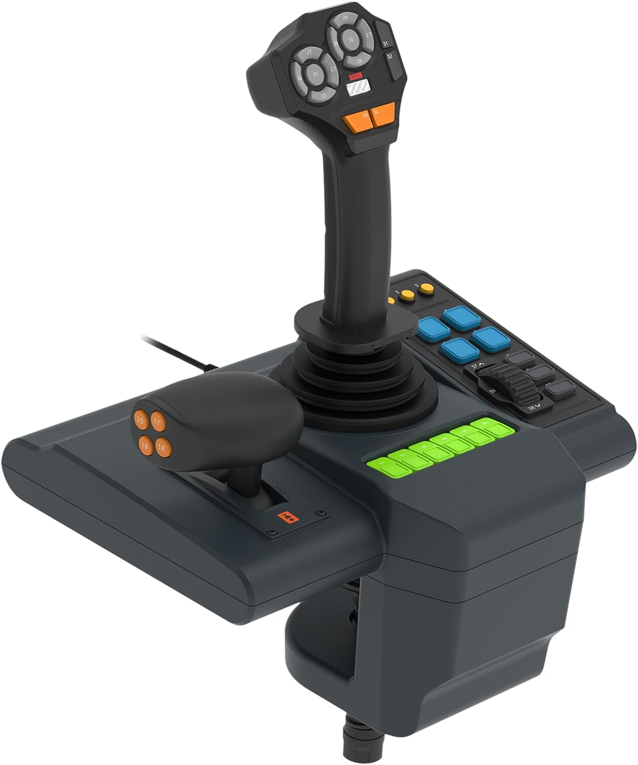 Manette de jeu avec plusieurs boutons, un petit joystick et une base.