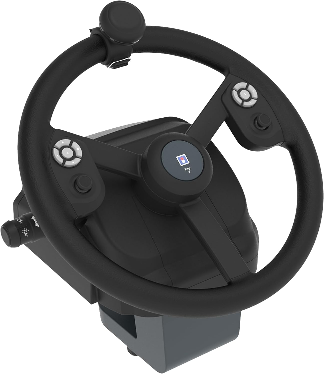 Un volant noir avec des boutons, un joystick et une base, isolé sur fond blanc.