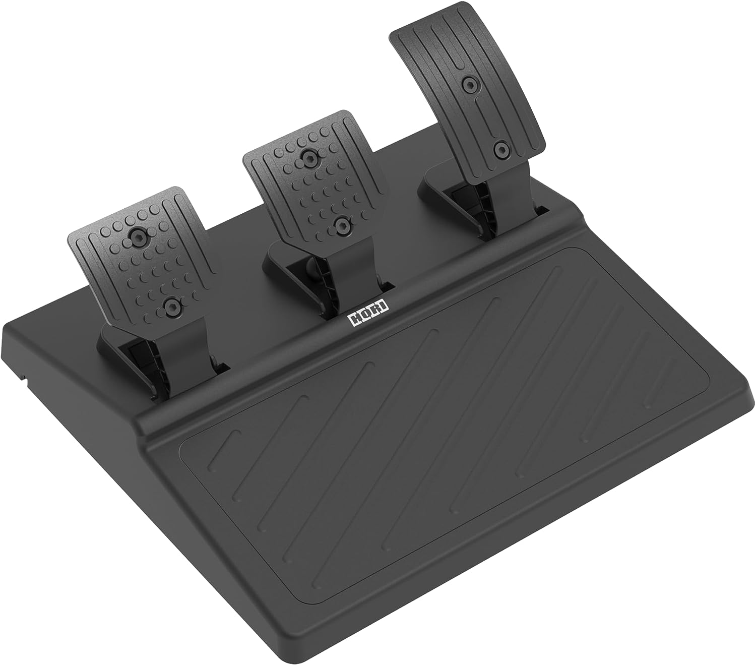 Pédalier de jeu de course noir. Trois pédales sur une plateforme.