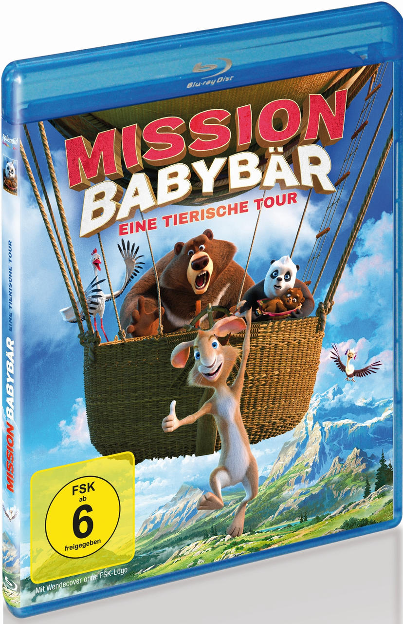 DVD-Cover von 'Mission Babybär'. Cartoon-Bär und Kaninchen in einem Heißluftballon.
