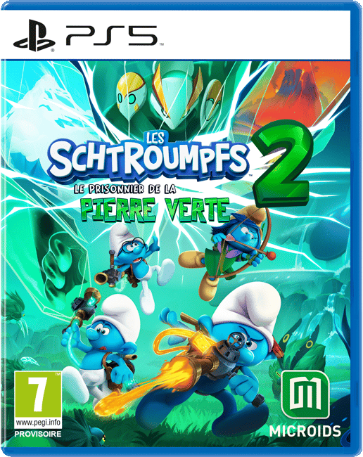 PS5-gamecover voor Les Schtroumpfs 2 met Smurfen met wapens en een grote 2.