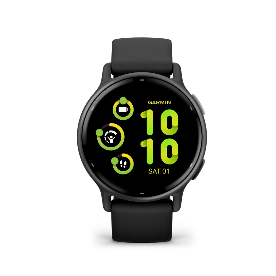 Garmin okosóra fekete szíjjal. A képernyőn az idő és néhány egészségügyi adat látható.