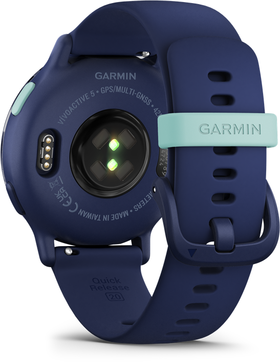 Kék Garmin Vivoactive 5 okosóra hátulról. Kék és türkiz szíj, Garmin logóval.