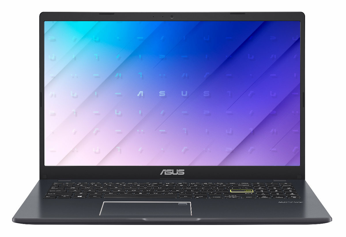 Laptop z niebiesko-fioletowym gradientem na ekranie, czarną klawiaturą i czarną ramką.
