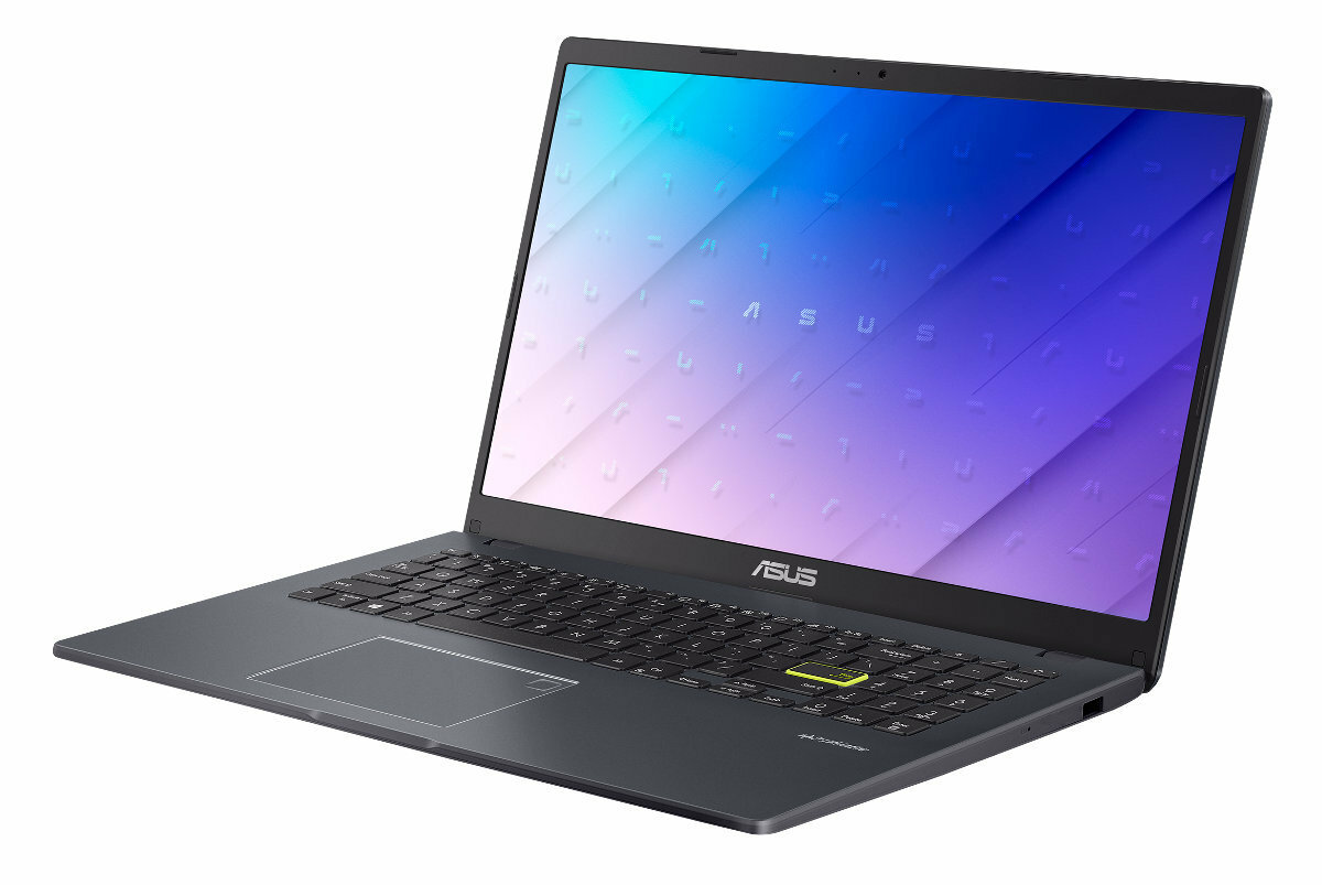 Ciemnoszary laptop Asus z jasnym ekranem, otwarty, na białej powierzchni.