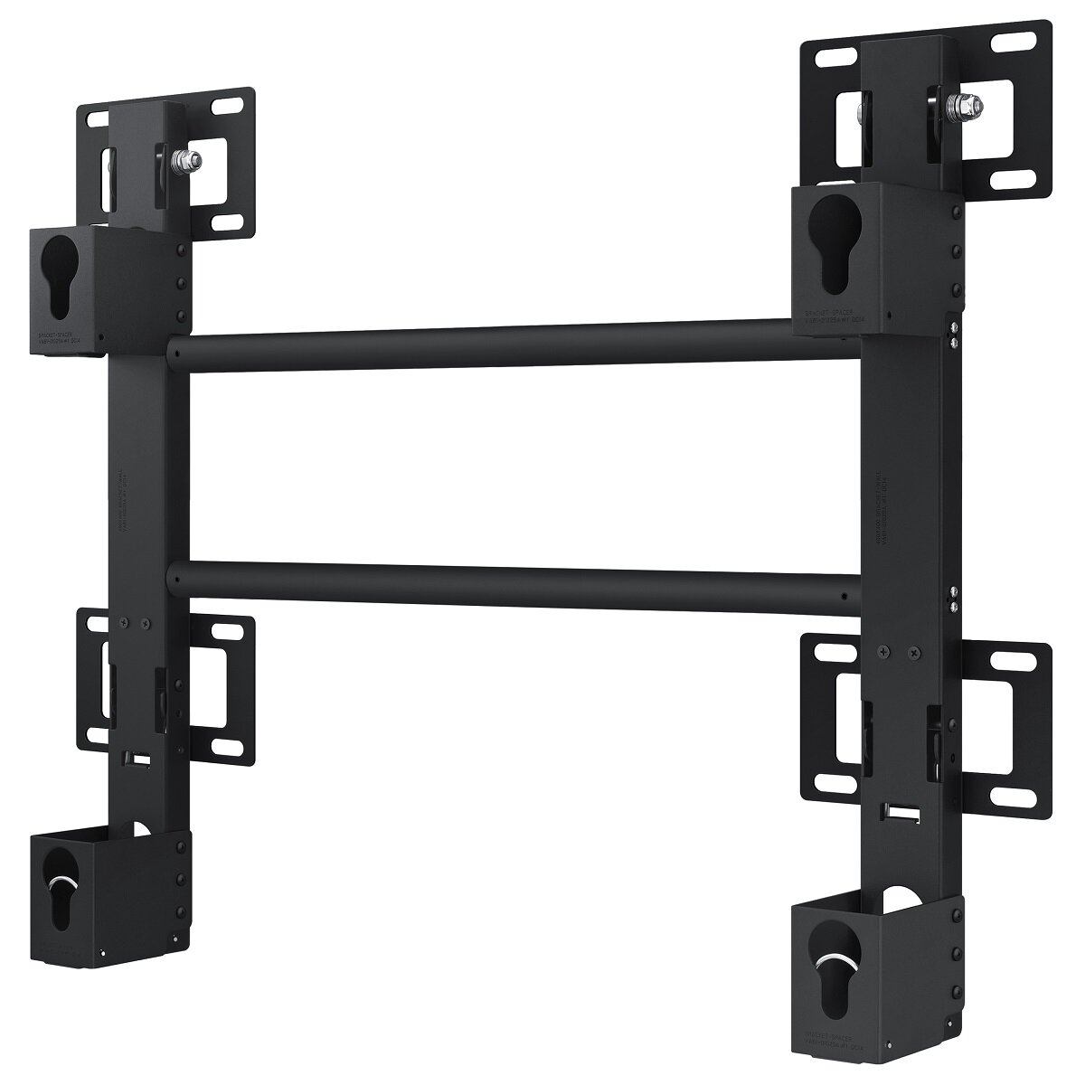 Czarny metalowy uchwyt ścienny do telewizora. Ma poziome pręty i wsporniki montażowe. Widoczne śruby.