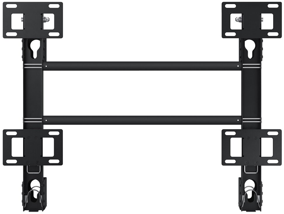 Czarny uchwyt ścienny do telewizora. Metalowa konstrukcja z uchwytami i śrubami, do montażu.