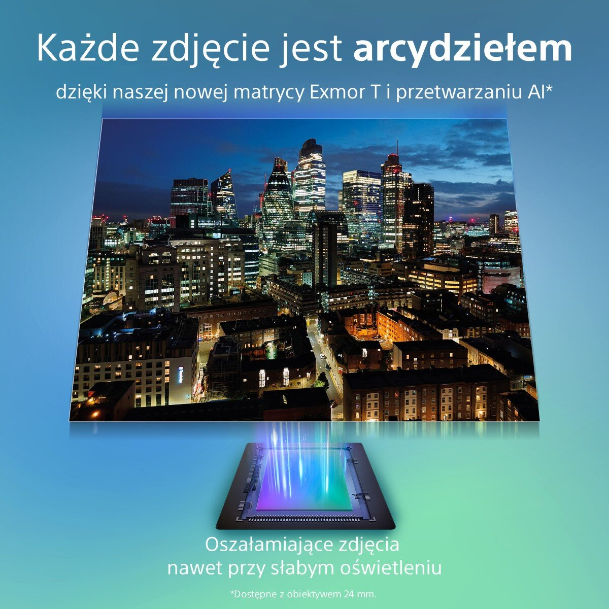 Pejzaż miejski w nocy, z grafiką czujnika na dole i tekstem u góry.
