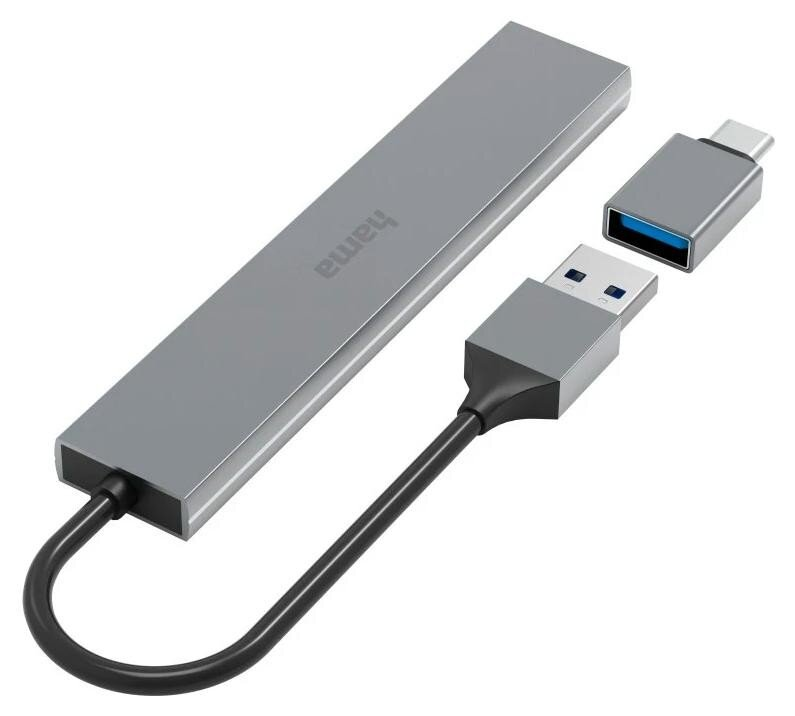 Srebrny hub USB Hama z dołączonym adapterem USB-A i USB-C. Czarny kabel.