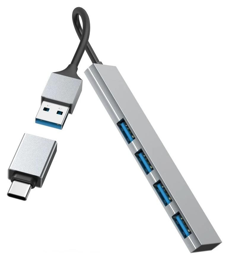 Srebrny hub USB z czterema portami USB, złączem USB-A i adapterem USB-C.