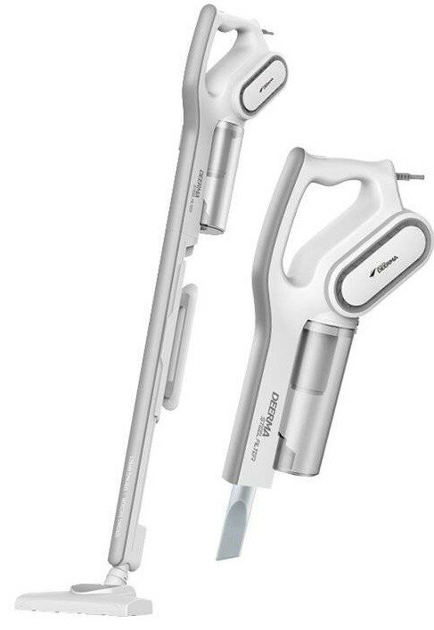 Dwa biało-srebrne odkurzacze bezprzewodowe.