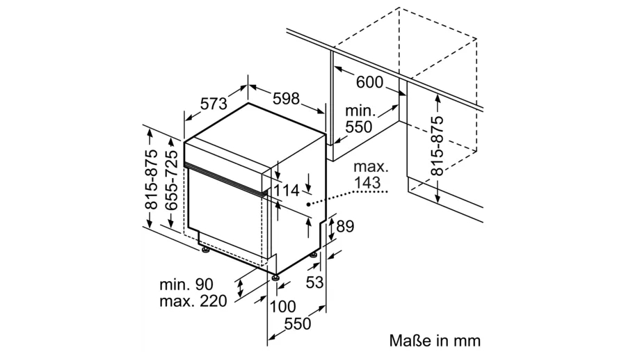 Eine technische Zeichnung eines Geschirrspülers mit Abmessungen in Millimetern.