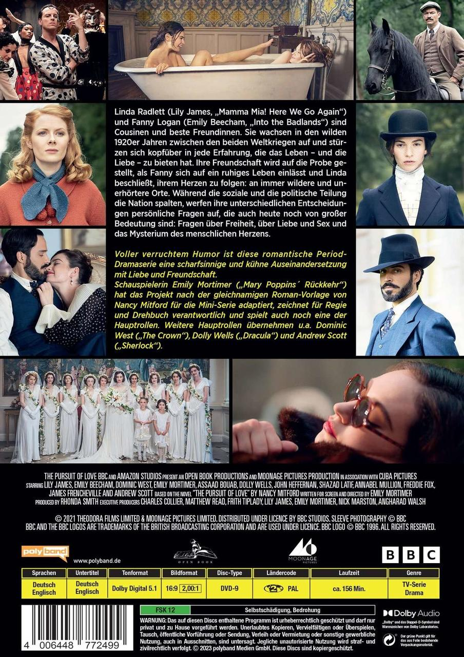 DVD-Cover: Porträts der Darsteller und Szenen aus 'The Pursuit of Love' mit Titel und Credits.
