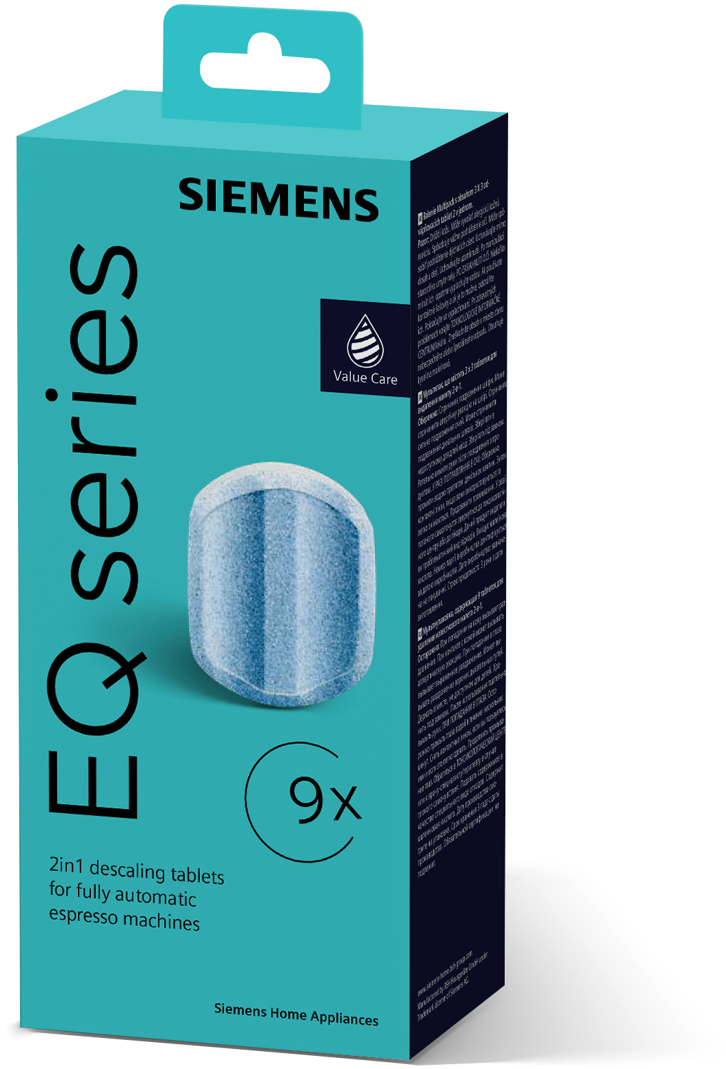 Blaue und weiße Schachtel mit Siemens EQ-Entkalkungstabletten.