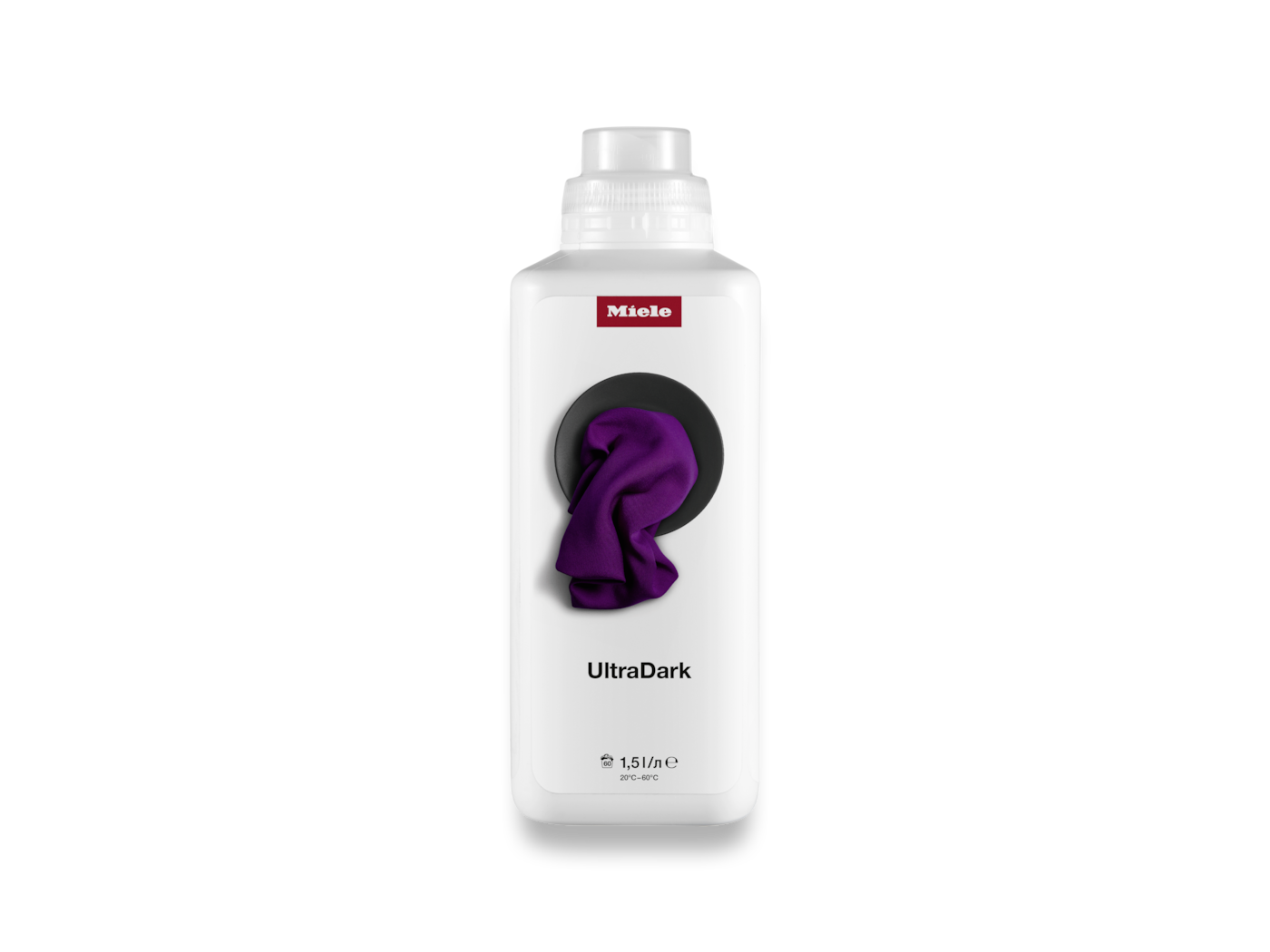 Weiße Flasche Miele UltraDark Waschmittel mit lila Stoffmuster.