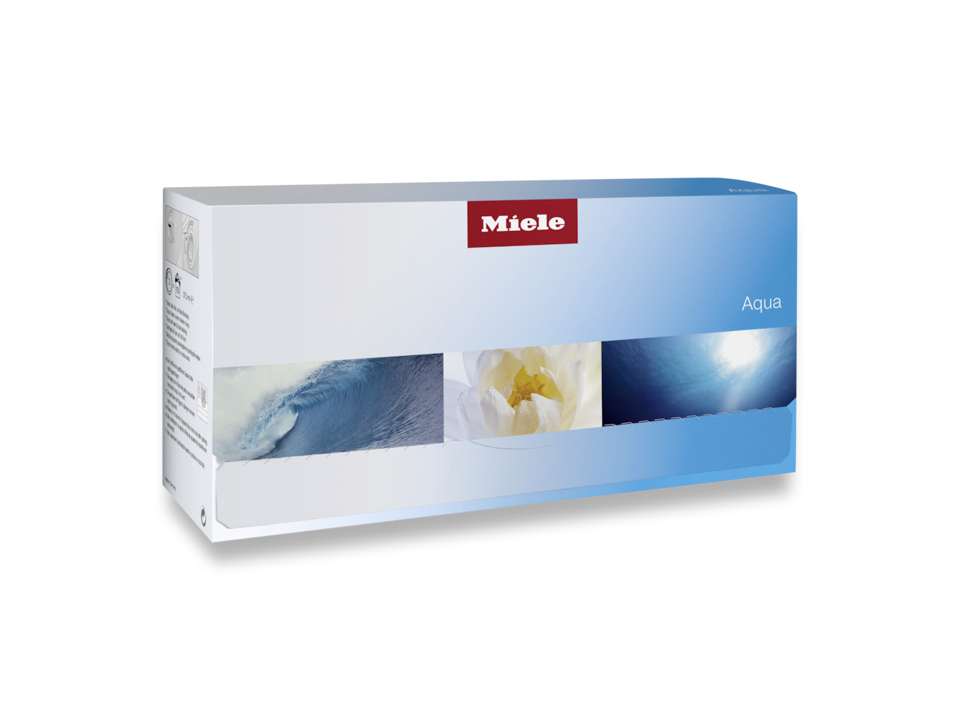 Miele Aqua Verpackung mit Wellen-, Blumen- und Unterwasserbildern.
