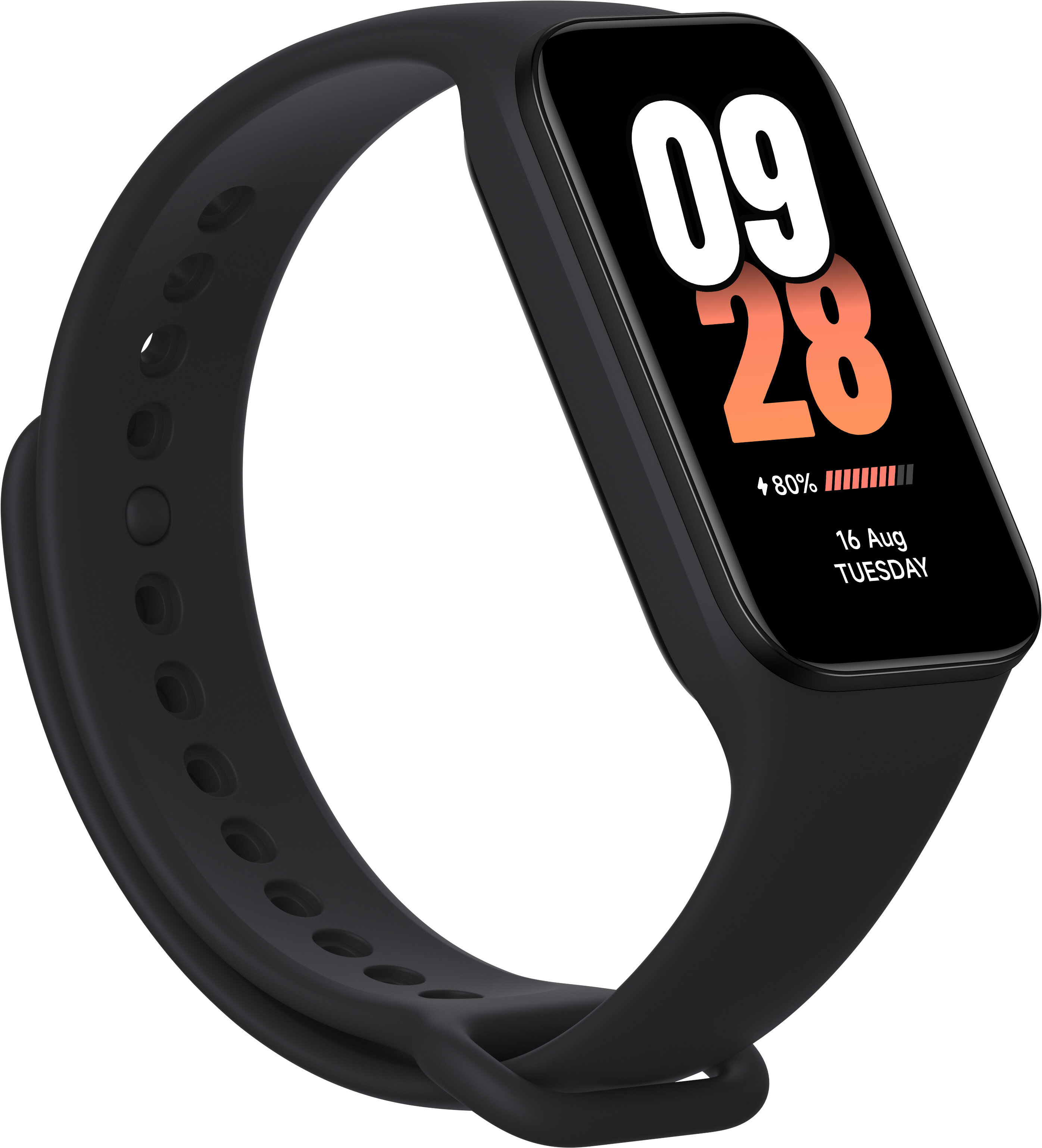 Czarny smartwatch z czarnym paskiem. Ekran wyświetla godzinę, datę i poziom naładowania baterii.